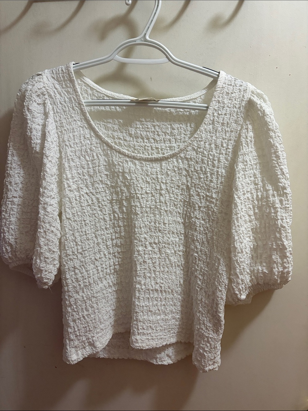 Anthropologie White Textured Puff-Sleeve Blouse